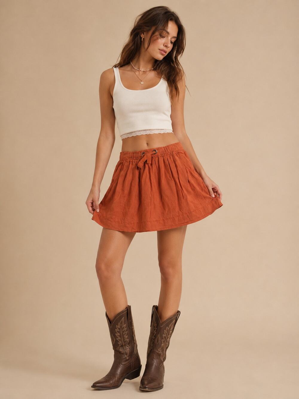 J.Crew Linen Mini Skirt Burnt Orange Elastic Waist Small 4 Lightweight